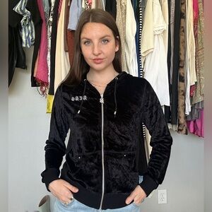 BCBG Velvet Zip-Up Hoodie Black Gothic Crown Y2K Size S